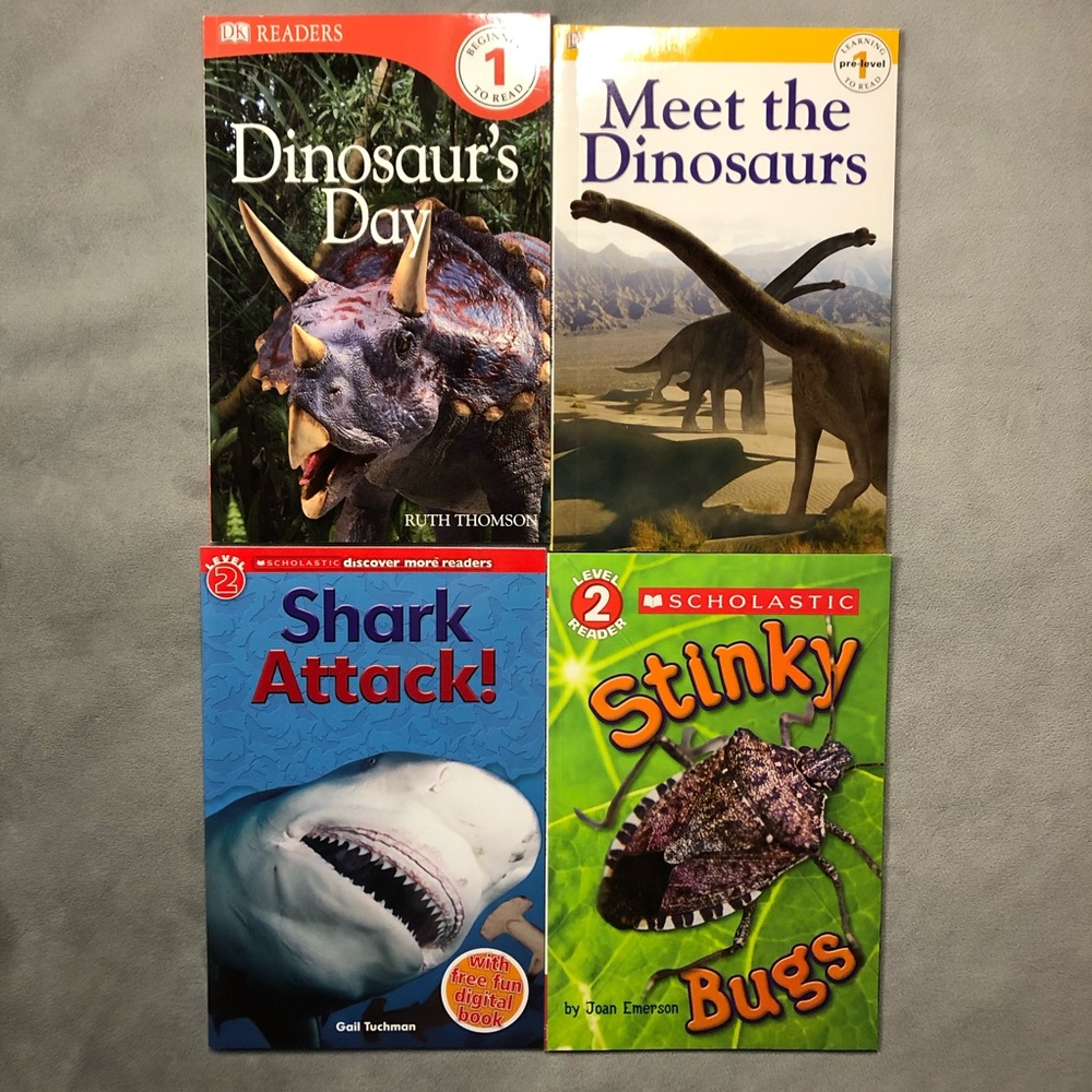 Set of 4 ~ Leveled Readers ~ Dinosaurs Shark Bugs ~ Level 1 & 2